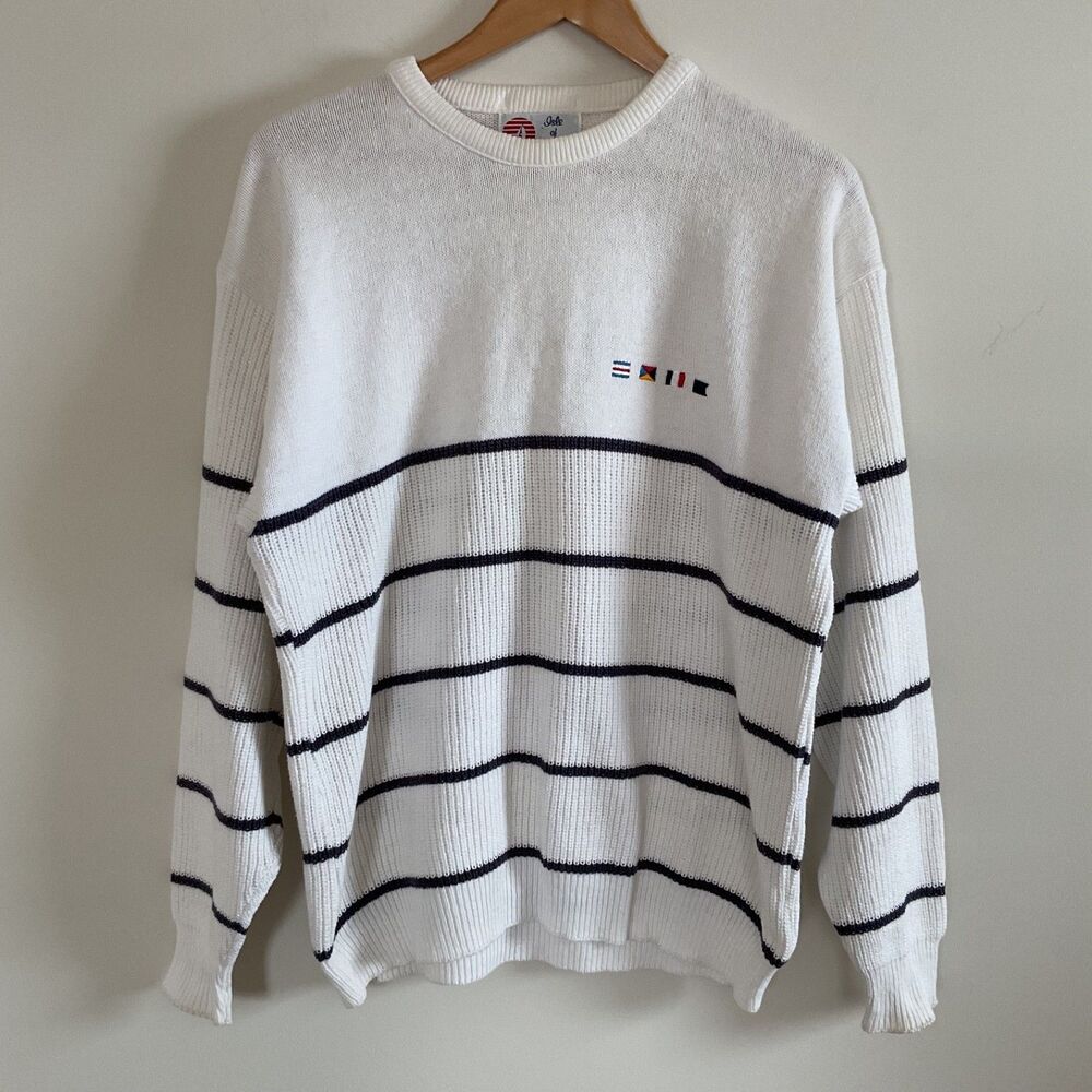 VTG Isle Of Cotton Sweater Mens L Nautical Signal Flags White Navy Crewneck USA